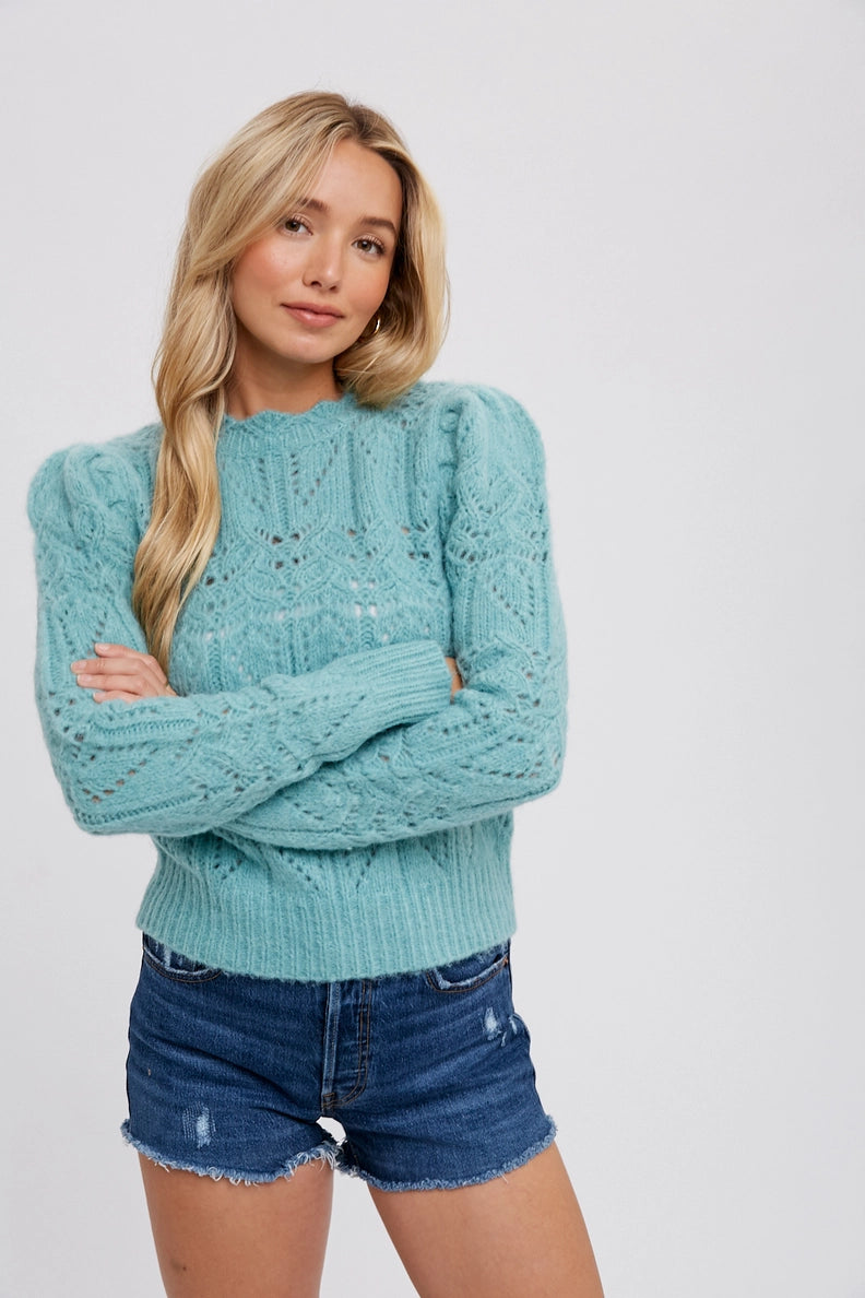 Pointelle Puff Sleeve Sweater - Mint