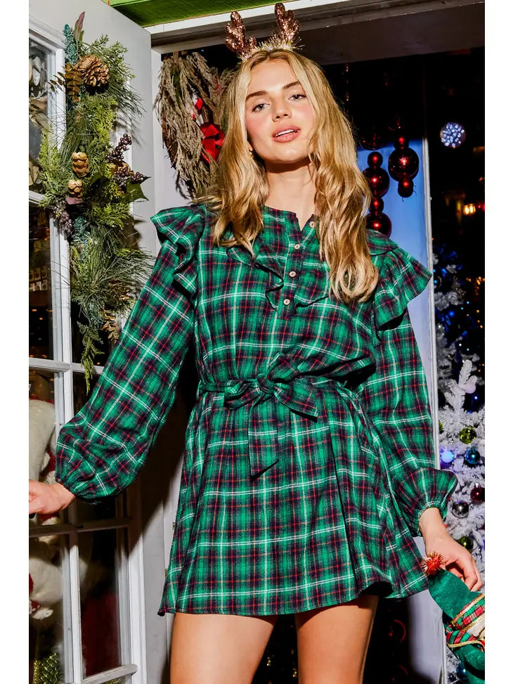 Plaid Ruffled Mini Dress Large