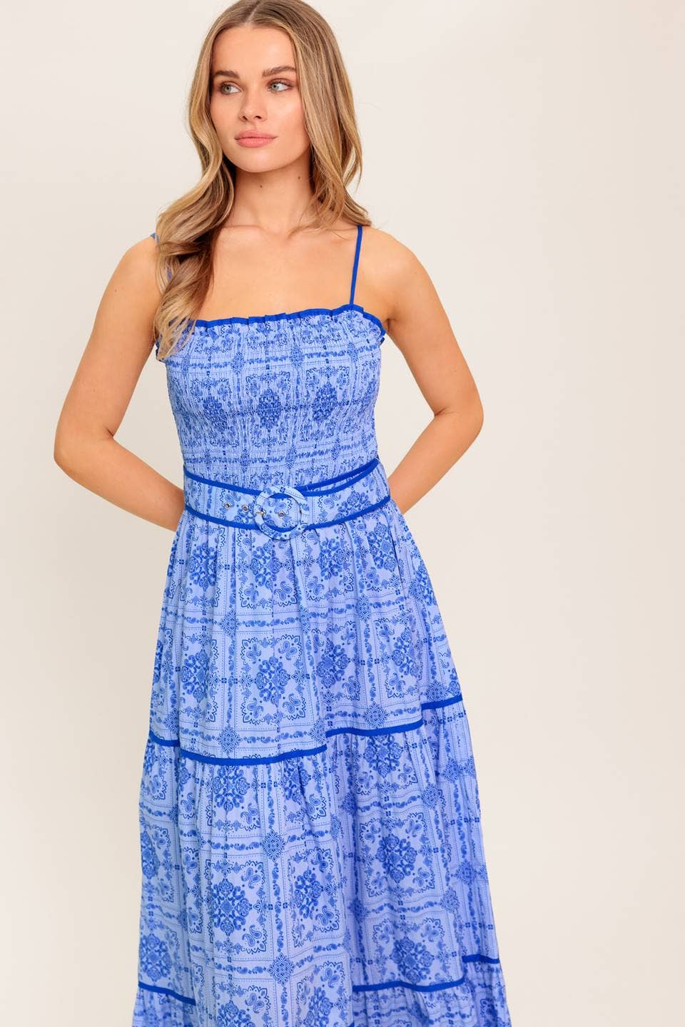 Belted Woven Maxi Dress - Blue