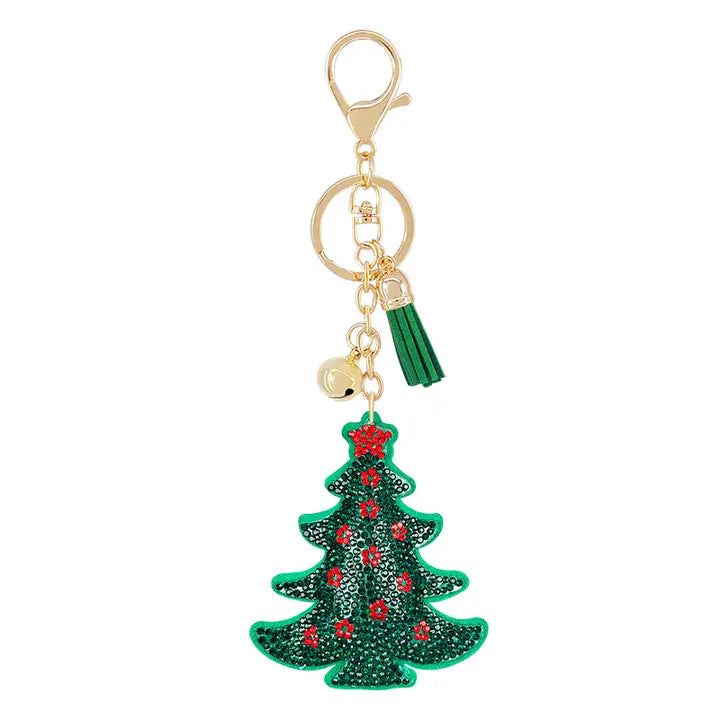 Rhinestone Christmas Tree Keychain - Red Ornaments