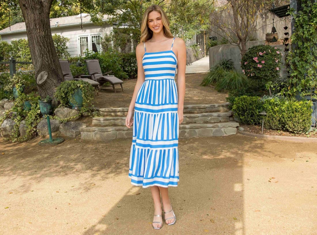 Striped Tiered Midi Dress - Blue