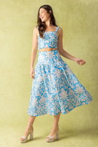 Floral Woven Midi Skirt - Blue Ivory