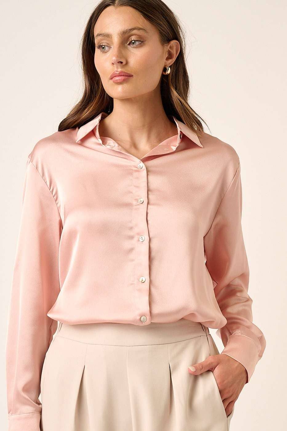 Satin Button Up Blouse - Blush