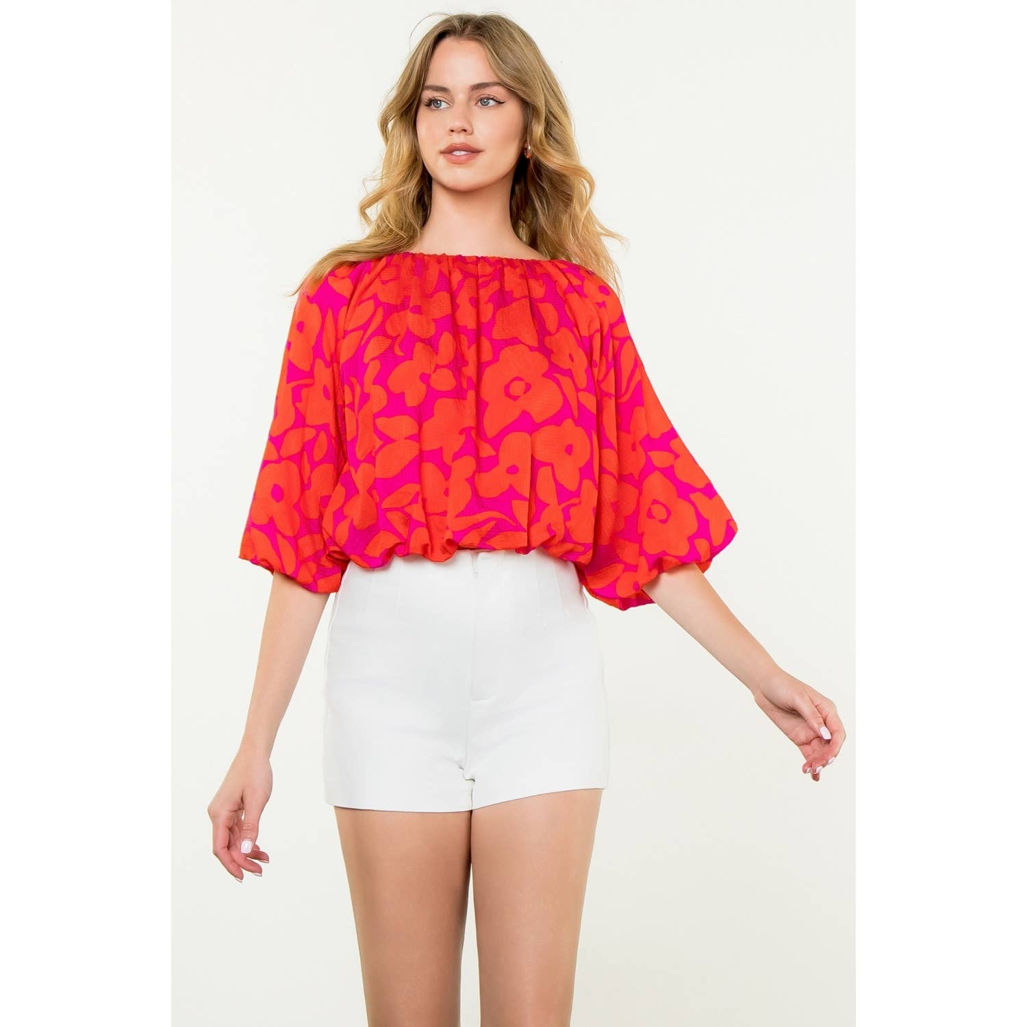 Floral Balloon Sleeve Blouse - Red