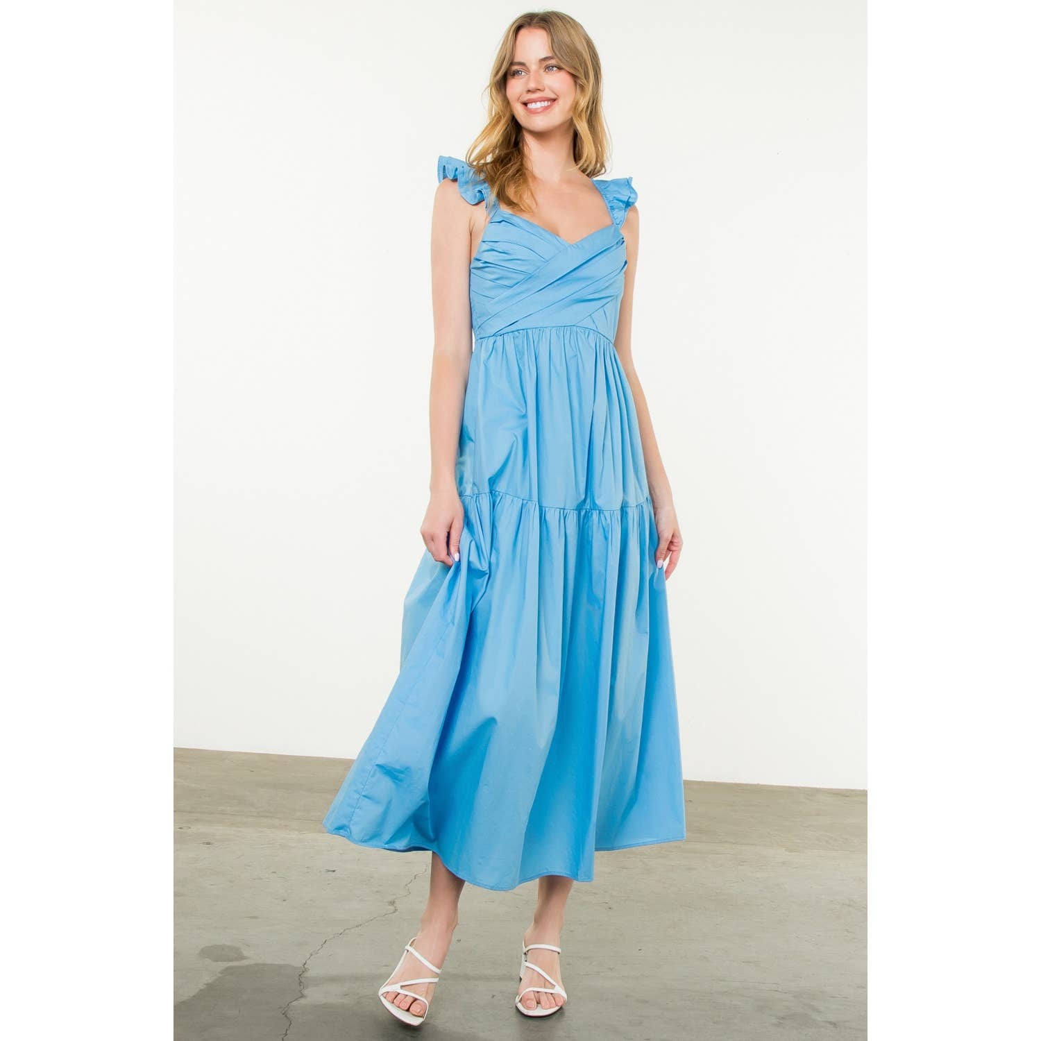 Tiered Poplin Maxi Dress - Blue