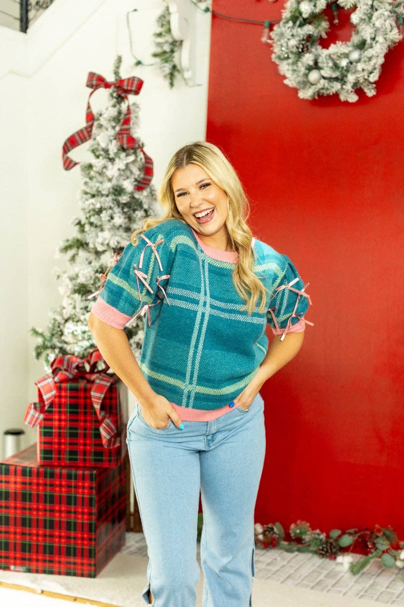 Plaid Puff Sleeve Sweater - Turquoise
