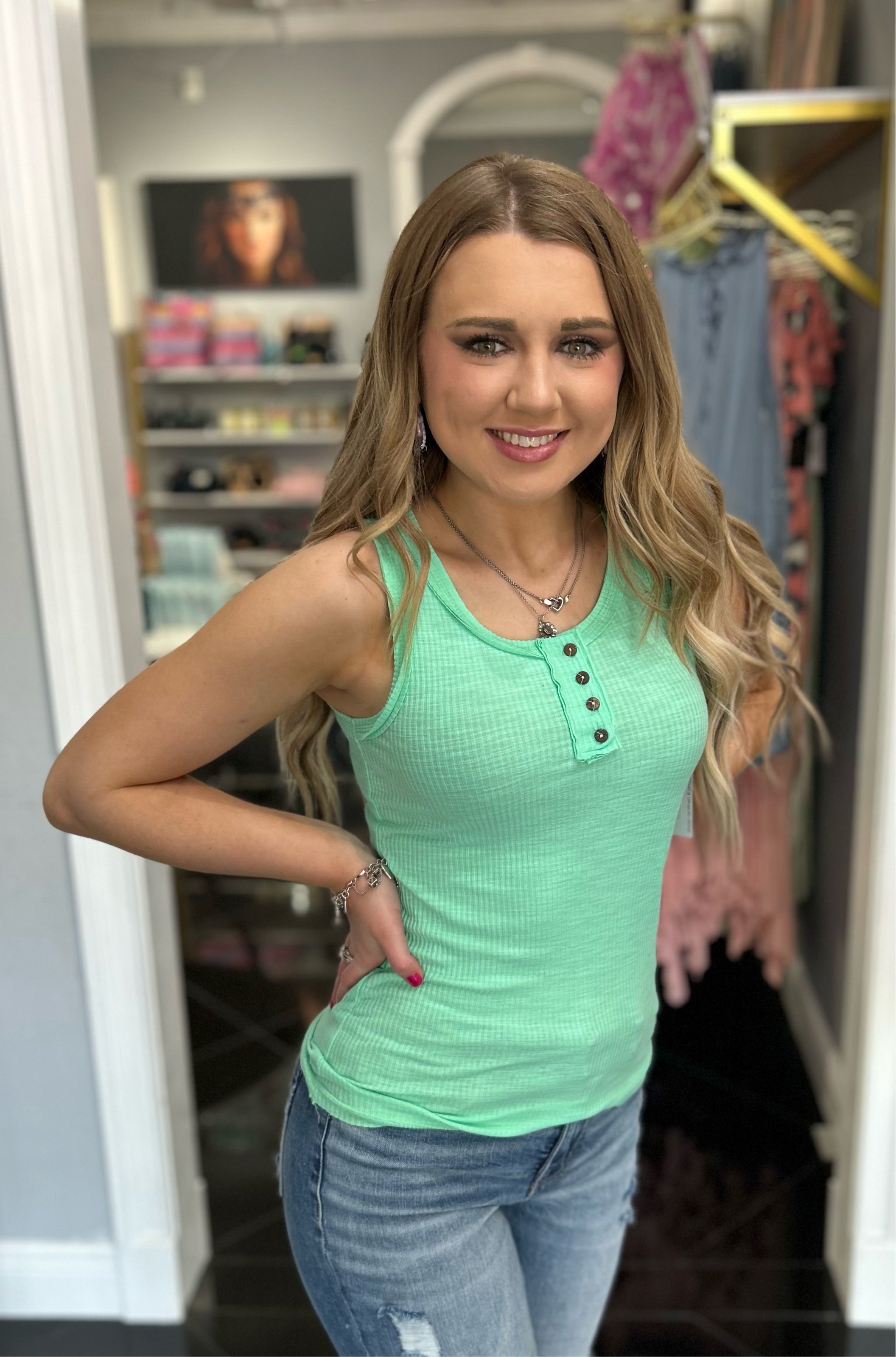 Lazy Day Button Detail Tank - Mint