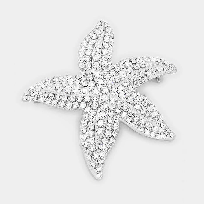 Rhinestone Starfish Brooch - Silver