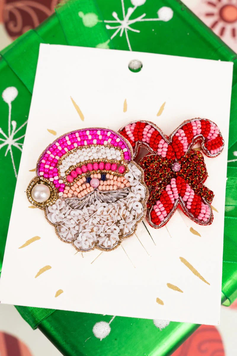 Santa Beaded Brooch Pin Set - Santa/Candy Cane