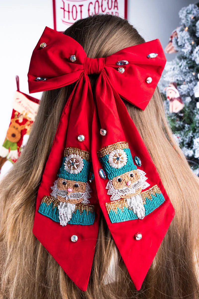 Nutcracker Beaded Hair Bow - Red