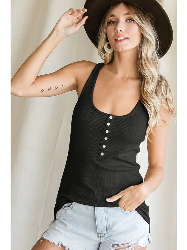 Lazy Day Button Detail Tank - Black
