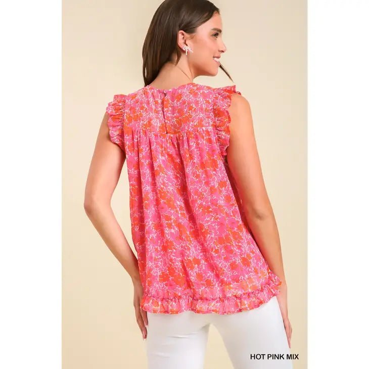Pink Smocked Floral Ruffle Sleeve Top