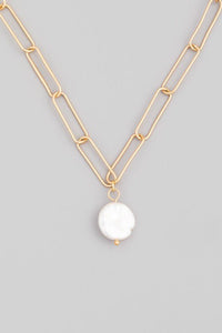 Gold Chain Link Pearl Charm Necklace