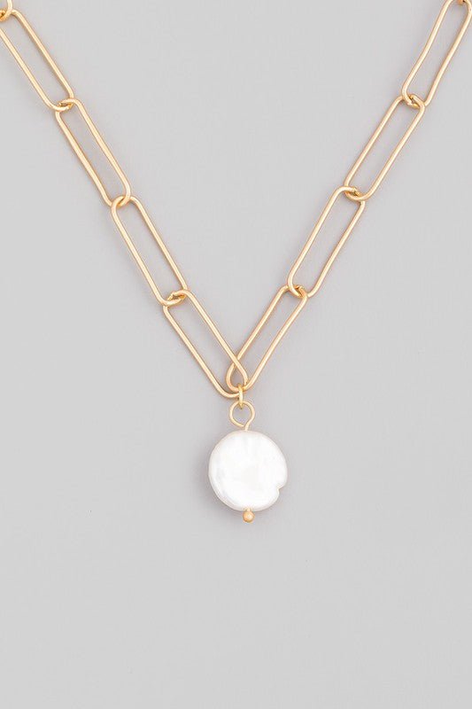 Gold Chain Link Pearl Charm Necklace