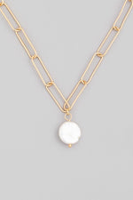 Gold Chain Link Pearl Charm Necklace