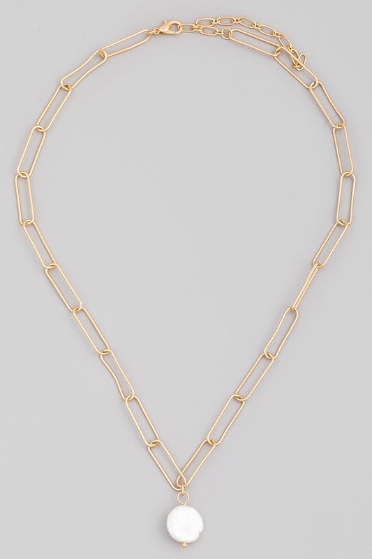 Gold Chain Link Pearl Charm Necklace