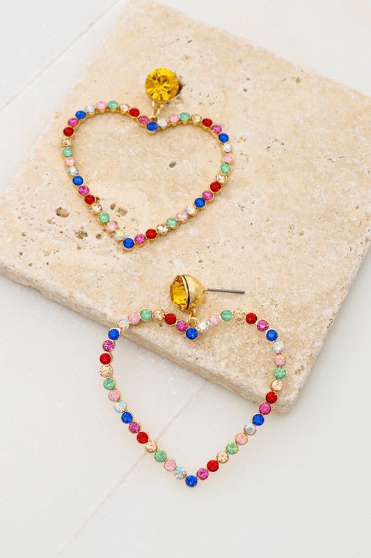 Color Rhinestone Pave Heart Hoop Earrings In Gold Finish With Topaz Big Glass Stone Stud