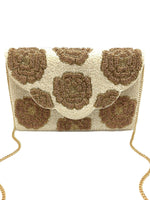 Cream Beaded Clutch With Gold Beaded Roses