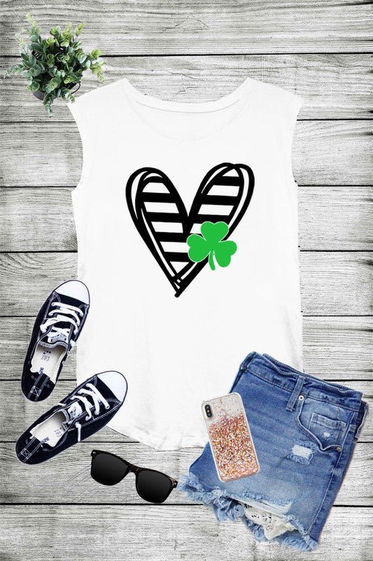 ONE LEFT!!! Striped Heart Clover Graphic Tank