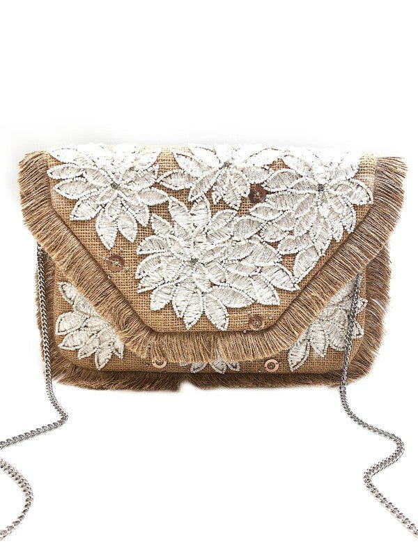 Jute White Applique Embroidered Clutch