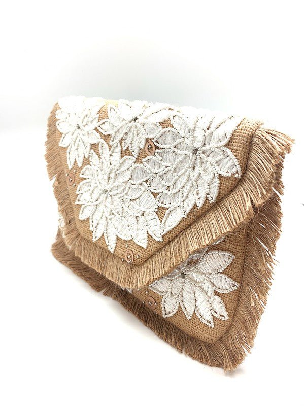 Jute White Applique Embroidered Clutch