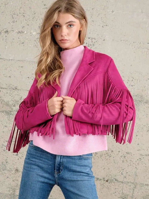 Cropped Fringe Jacket - Hot Pink