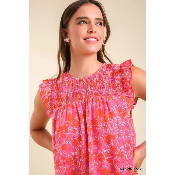 Pink Smocked Floral Ruffle Sleeve Top