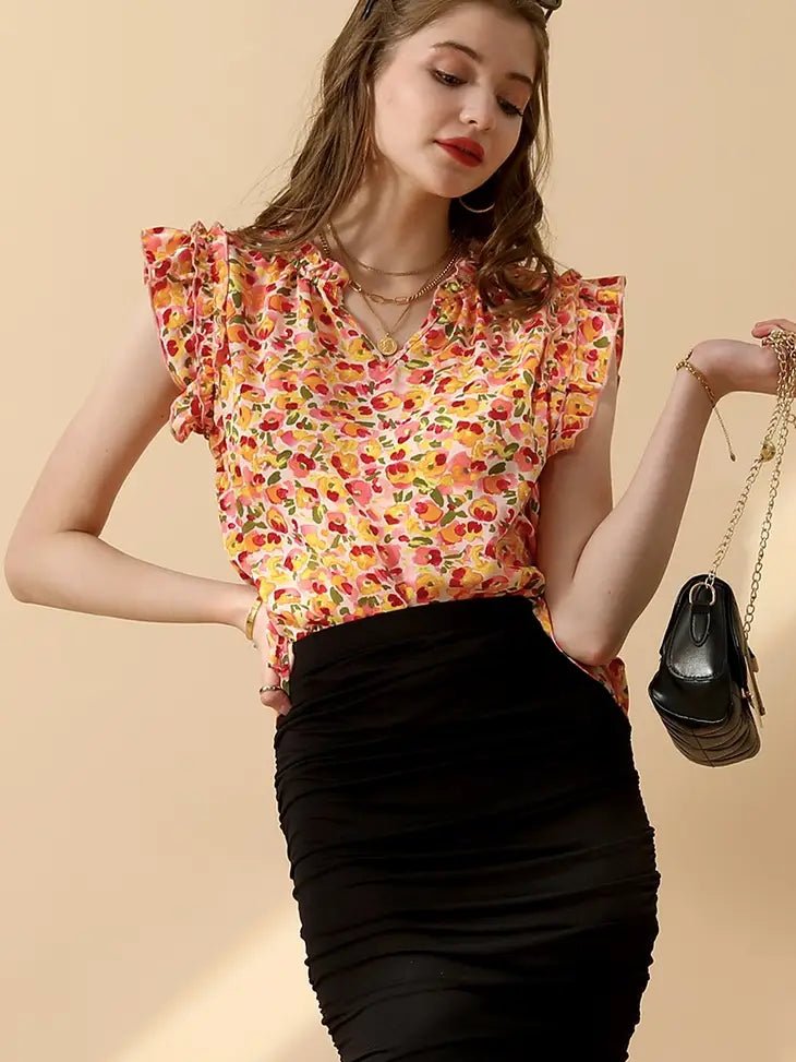 Floral Ruffle Sleeve Blouse