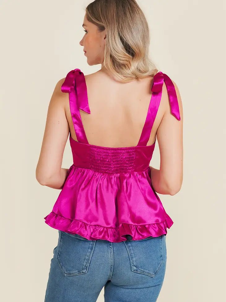 Satin Square Neck Tie Top Baby Doll Tank