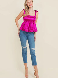 Satin Square Neck Tie Top Baby Doll Tank