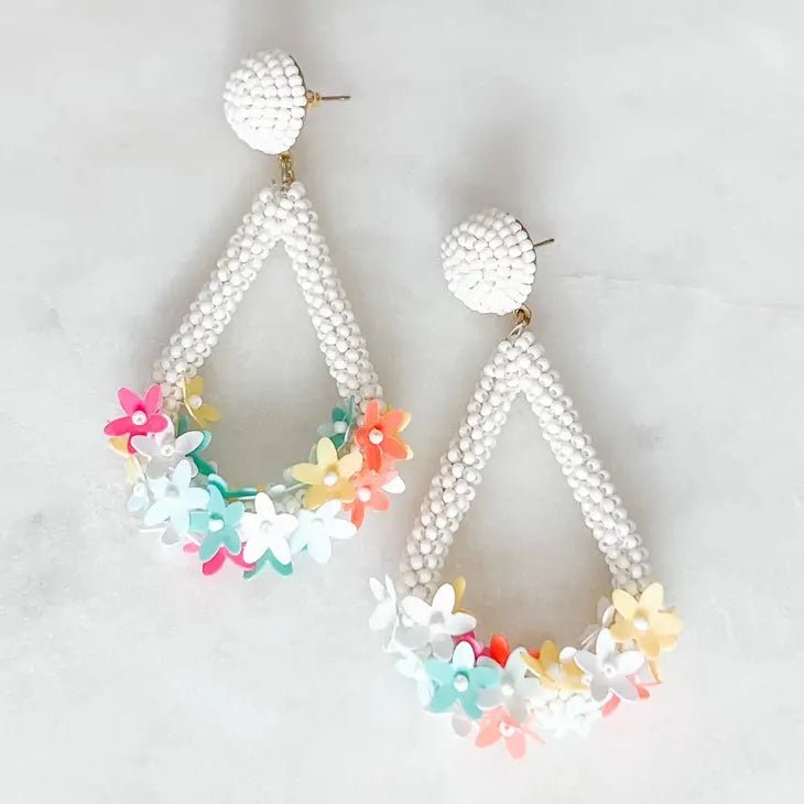 Floral Teardrop Earrings - White