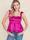Satin Square Neck Tie Top Baby Doll Tank