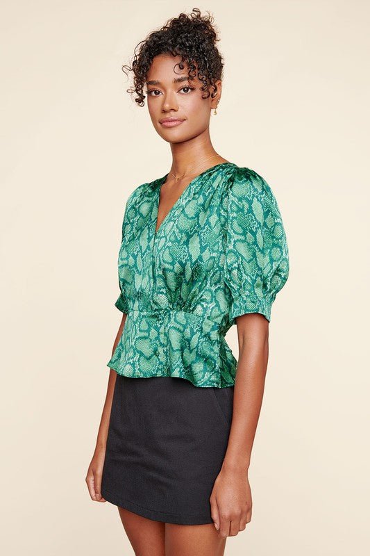 Gwendolyn Green Snake Print Puff Sleeve Blouse