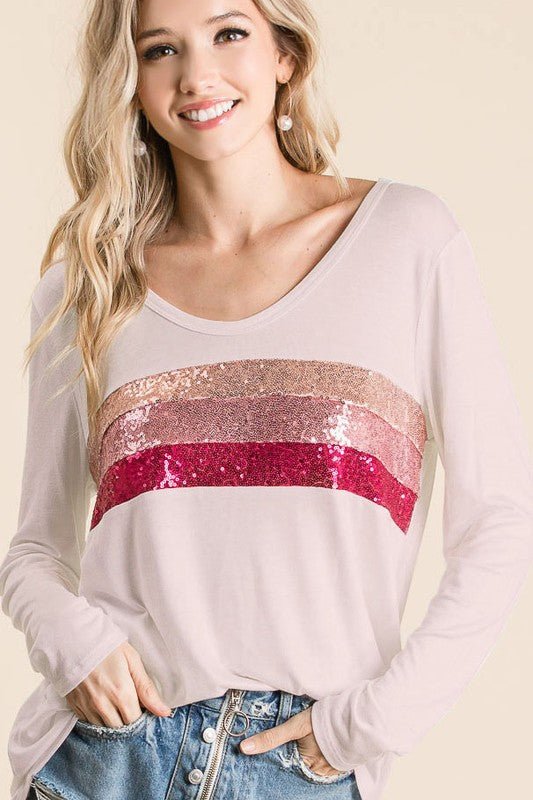Pink Cream Sequin Jersey Knit Top