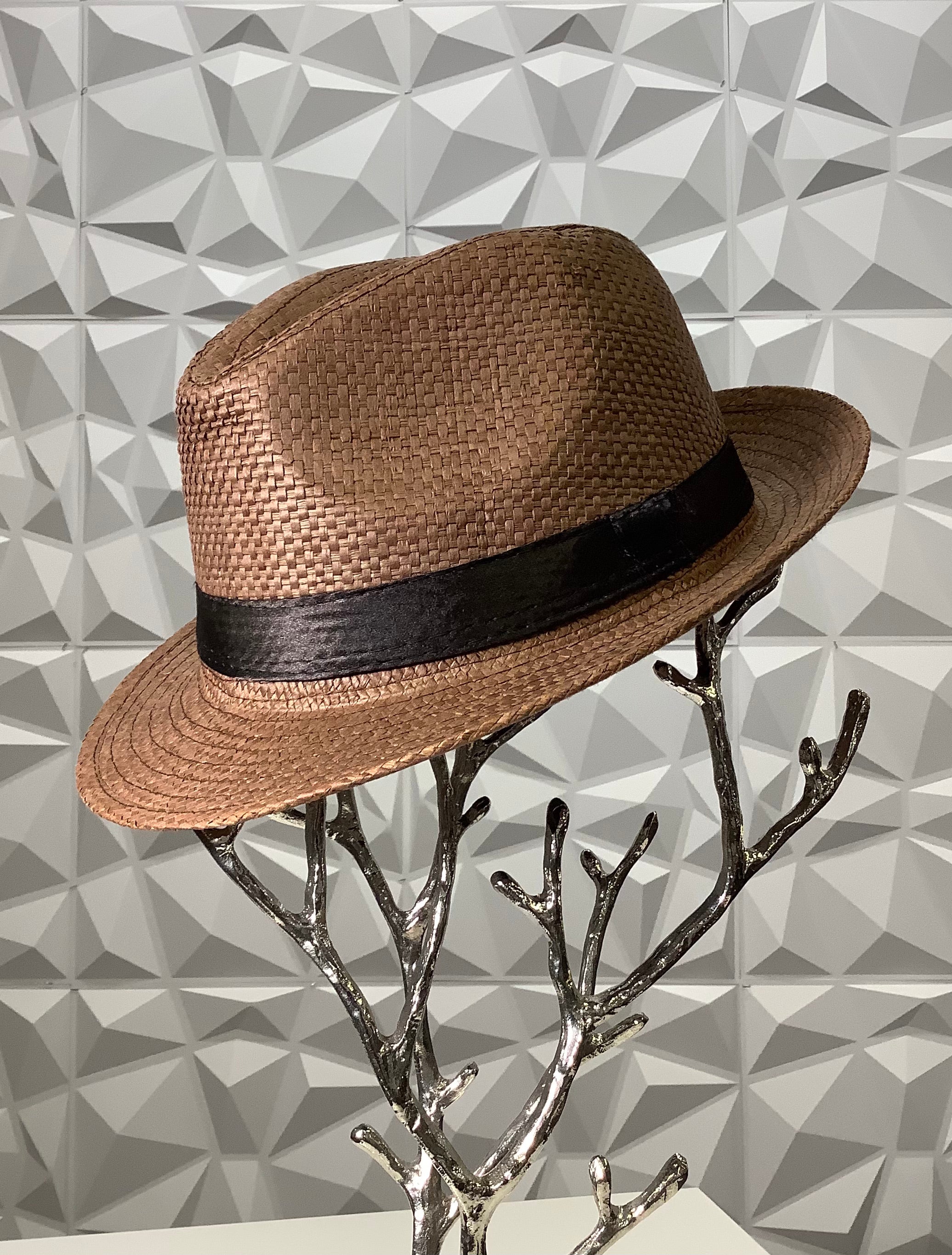Basket Weave Paper Straw Fedora-Brown