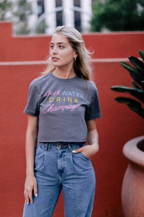 Save Water Drink Champagne Crop Tee - White